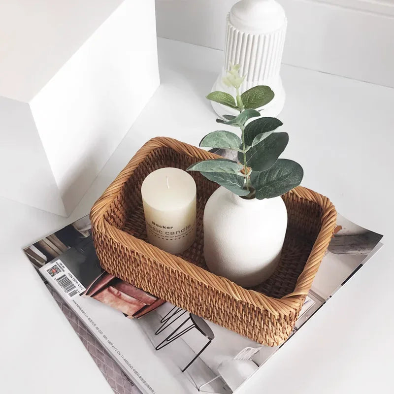 EcoNest Handwoven Rattan Basket – Rectangular Storage for Snacks, Bread & More