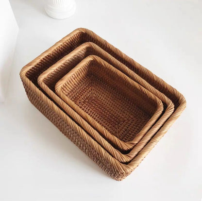 EcoNest Handwoven Rattan Basket – Rectangular Storage for Snacks, Bread & More